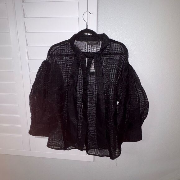Garcia Womens 1xl Black Sheer Blouse with Tie Neck - Picture 1 of 4